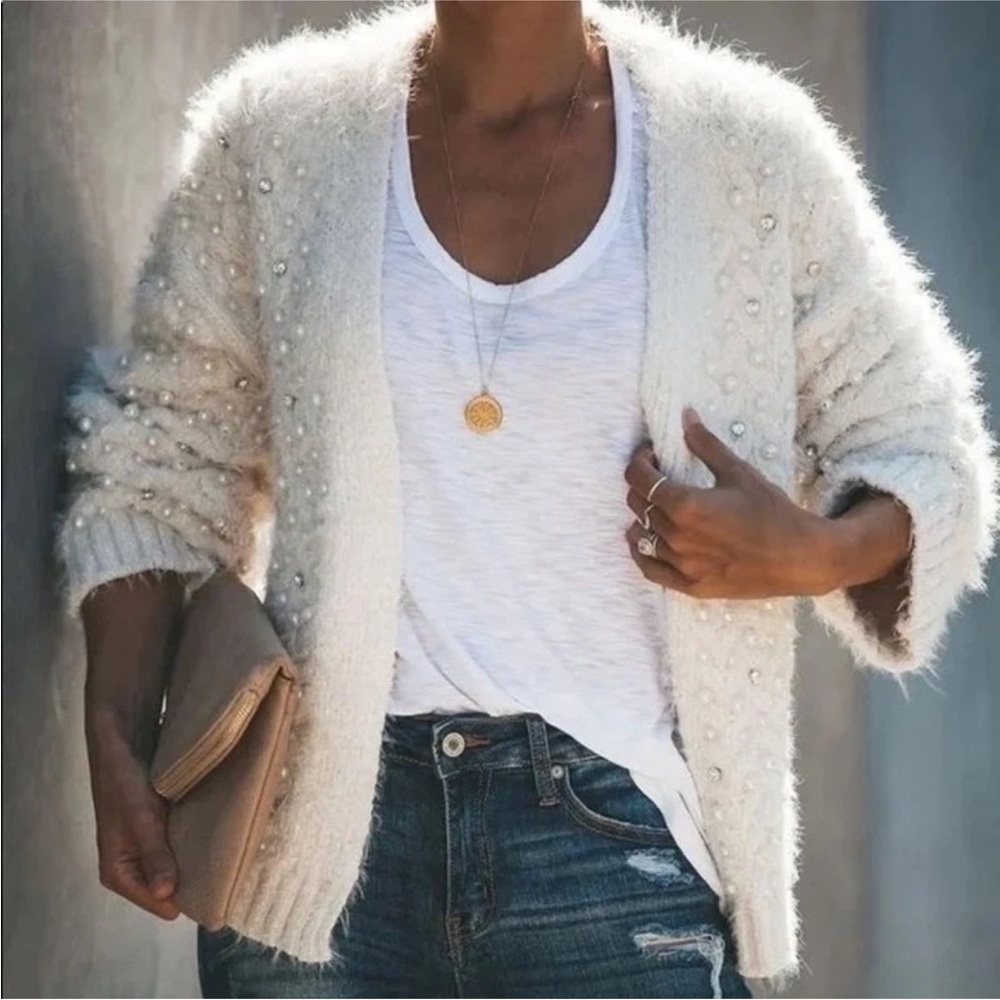 Pol Cardigan Sweater Embellished Pearls Rhinestones Oversize Small - Picture 2 of 11
